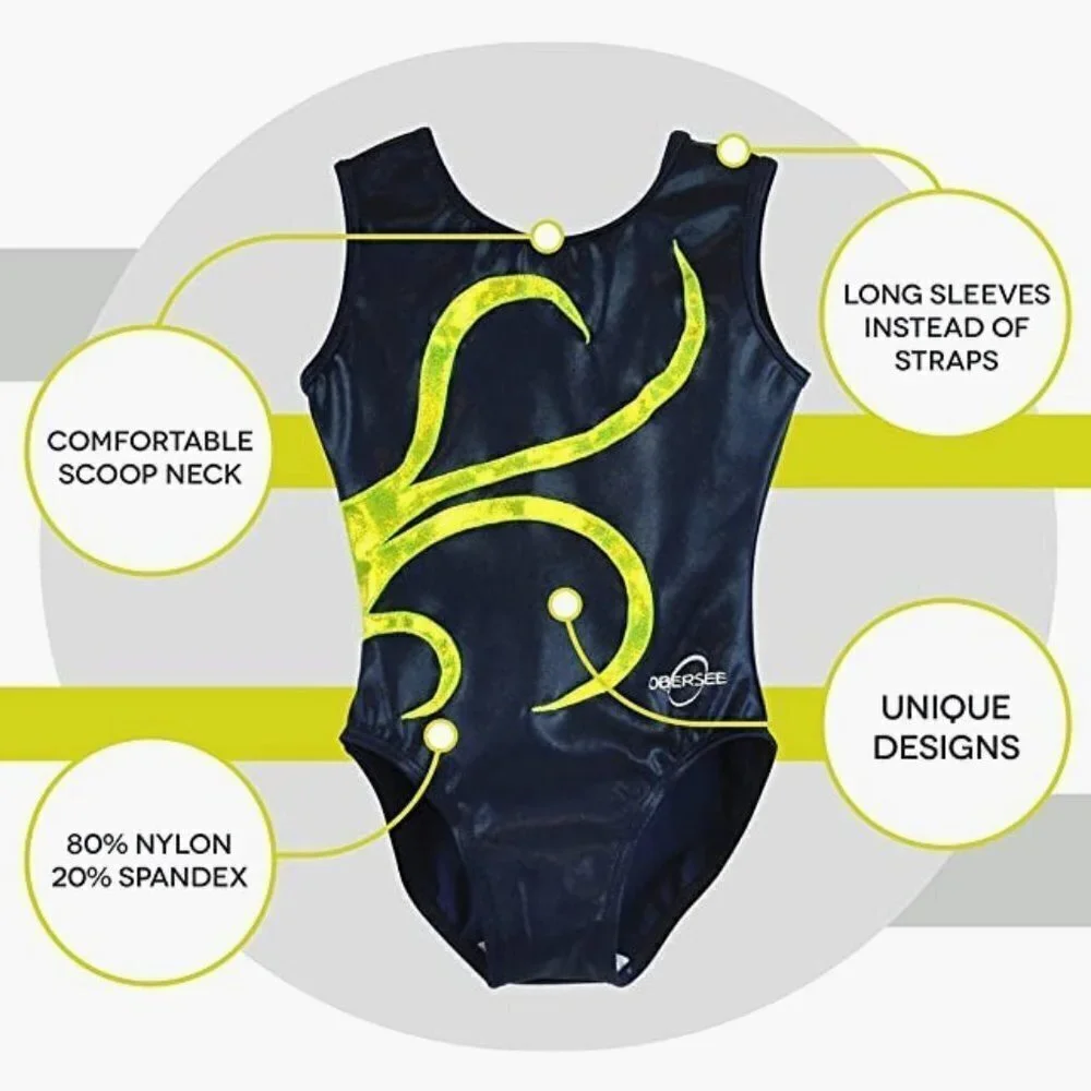 2 Pcs Obersee Girl's Gymnastics Leotards, Navy/Green Strands, Child XXS